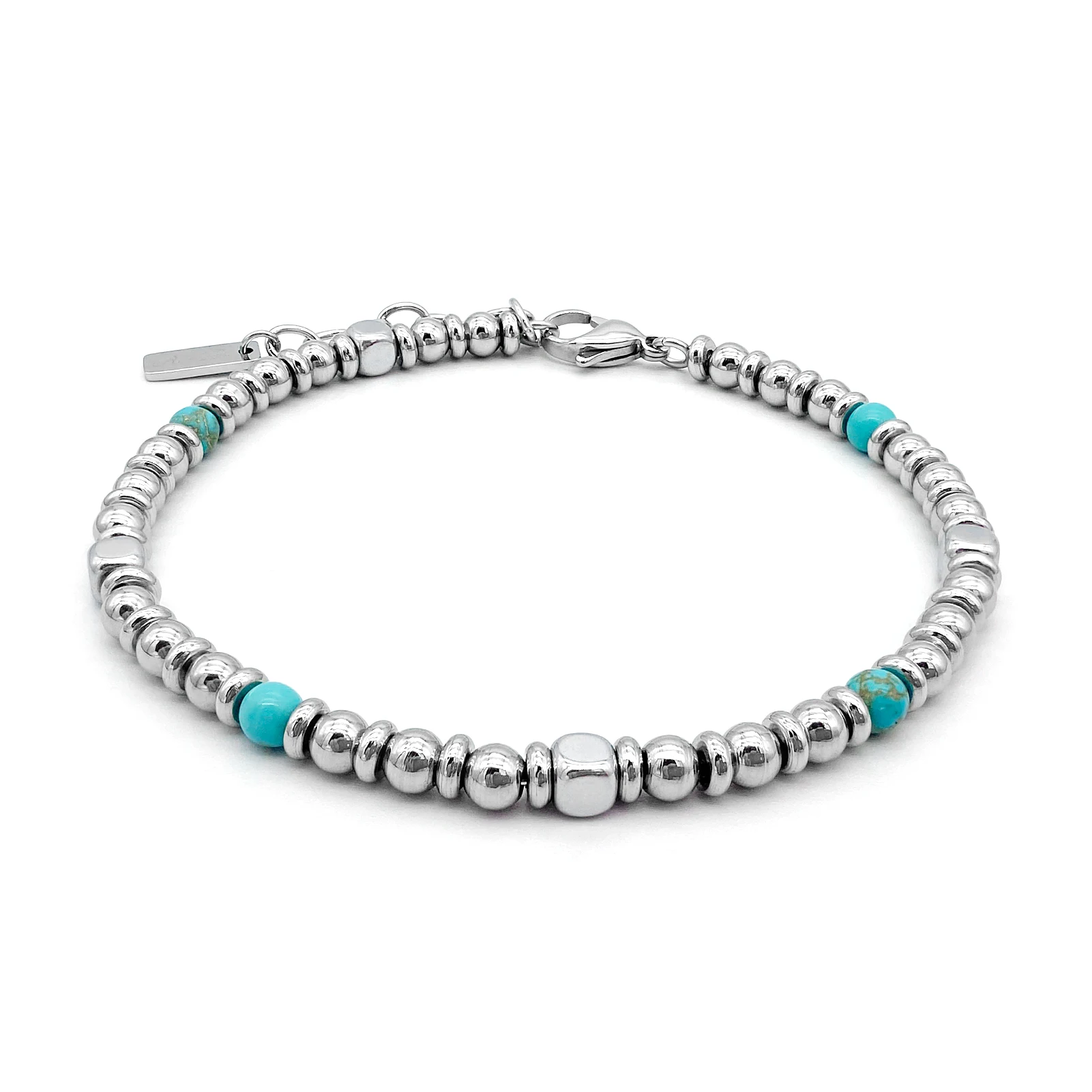 Men&#39;s Stainless Steel Bracelet with Turquoises Natural Stone 3mm Adjustable Size - £28.06 GBP