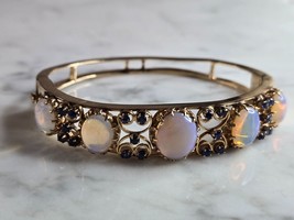 Womens Vintage Estate 14K Gold Opal ? Sapphire Bangle Bracelet 24.3g E7329 - £1,990.58 GBP