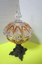 Vintage Victorian Revival Fine American Cut Crystal Candy Bowl Cast Iron Base  - $74.25