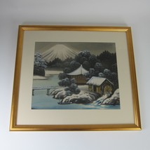 Vintage Japanese Hand Painted Silk Landscape Art Framed Mills Stream Boat Bridge - £79.08 GBP