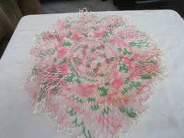 Vintage Hand Crocheted Pink, Green &amp; White Tatted Lace Doily - £23.45 GBP