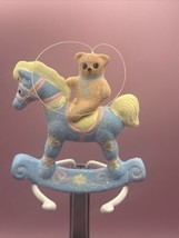 Vintage Rate Christmas Ornament Blue Rocking Horse W/ Teddy bear Glitter 3.5” - $12.86