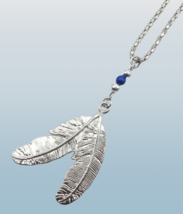 18&quot; Silver Tone 2 Feather Pendant Royal Blue Bead Chain Necklace Southwe... - $7.92
