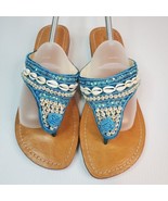 Womens 8 Cowrie Shell Sequin Coco Bead Sandal Flip Flop Thong Turquoise ... - £11.63 GBP