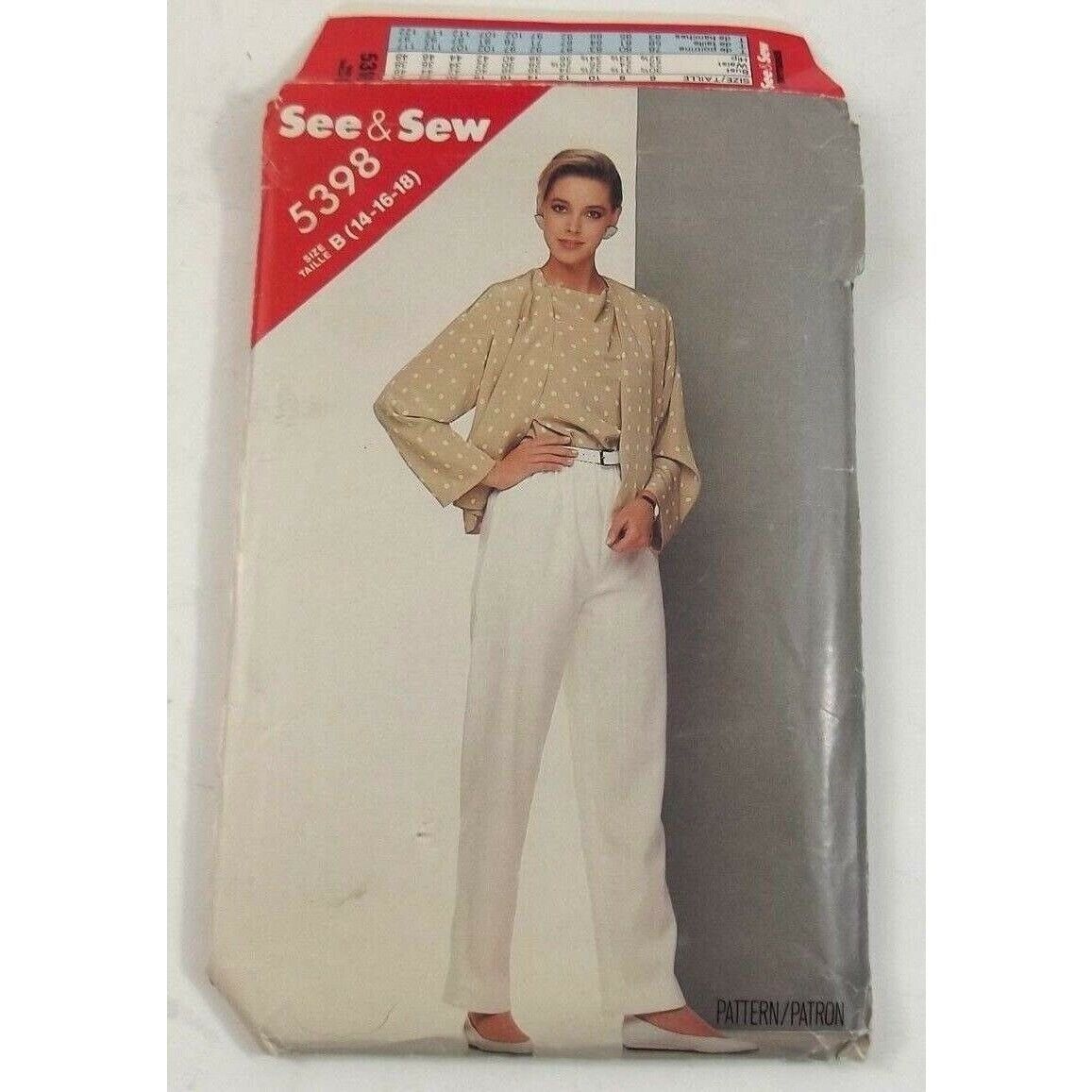 See & Sew 5398 Misses Jacket Top Pants Size B 14  16  18 - £8.53 GBP