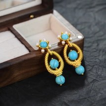 Turquoise Beads Decor Dangle Earrings Retro Elegant Style Trendy Holiday... - $17.40 CAD