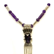Vtg Sterling JCR Taxco Mexico Carved Onyx Aztec Beaded Amethyst Necklace 25 1/2 - £174.79 GBP