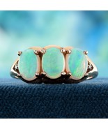 9K Rose Gold Natural Opal and Diamond Vintage Style Three Stones Ring - $850.00