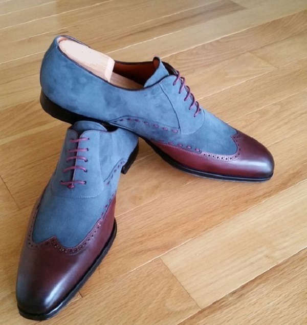 NEW Handmade Men's 2 Tone wing tip shoes, Men's blue & Burgundy Lace Up formal s