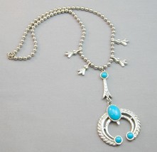 Vintage Silver Tone Faux Turquoise Squash Blossom Necklace 18&quot; - £23.02 GBP