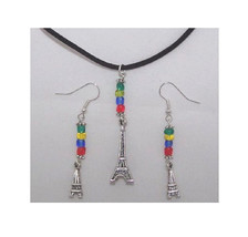 Necklace Earrings 3D Eiffel Tower Charms Red Green Yellow Blue Beads Bla... - $15.00