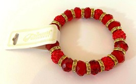 BRACELET: 3-7&quot; Double-stretch elastic DURO DIPPED RED/WHITE CRYSTALS/BEA... - £2.39 GBP