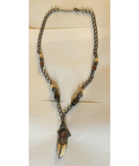Large Metal Pendant Stone Necklace on Long Chain with Beads - £51.14 GBP