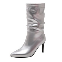 Sexy Rose Red Silver Pleated Mid-calf Boots Women Thin Heels Pointed Toe Dress S - £42.66 GBP