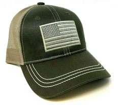 National Cap USA Flag Patch Logo Slate Green Curved Bill Tan Mesh Adjustable Tru - £10.27 GBP