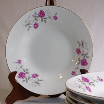 Vintage Set Of 6 Moss Rose Design 8&quot; Soup Or Cereal Bowls Gold Trim Beautiful  - £15.97 GBP