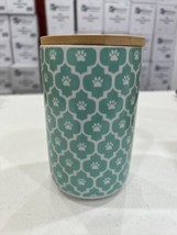 Bone Dry Modern Style Ceramic Paw Lattice Print Treat Canister in Aqua Blue - £19.69 GBP