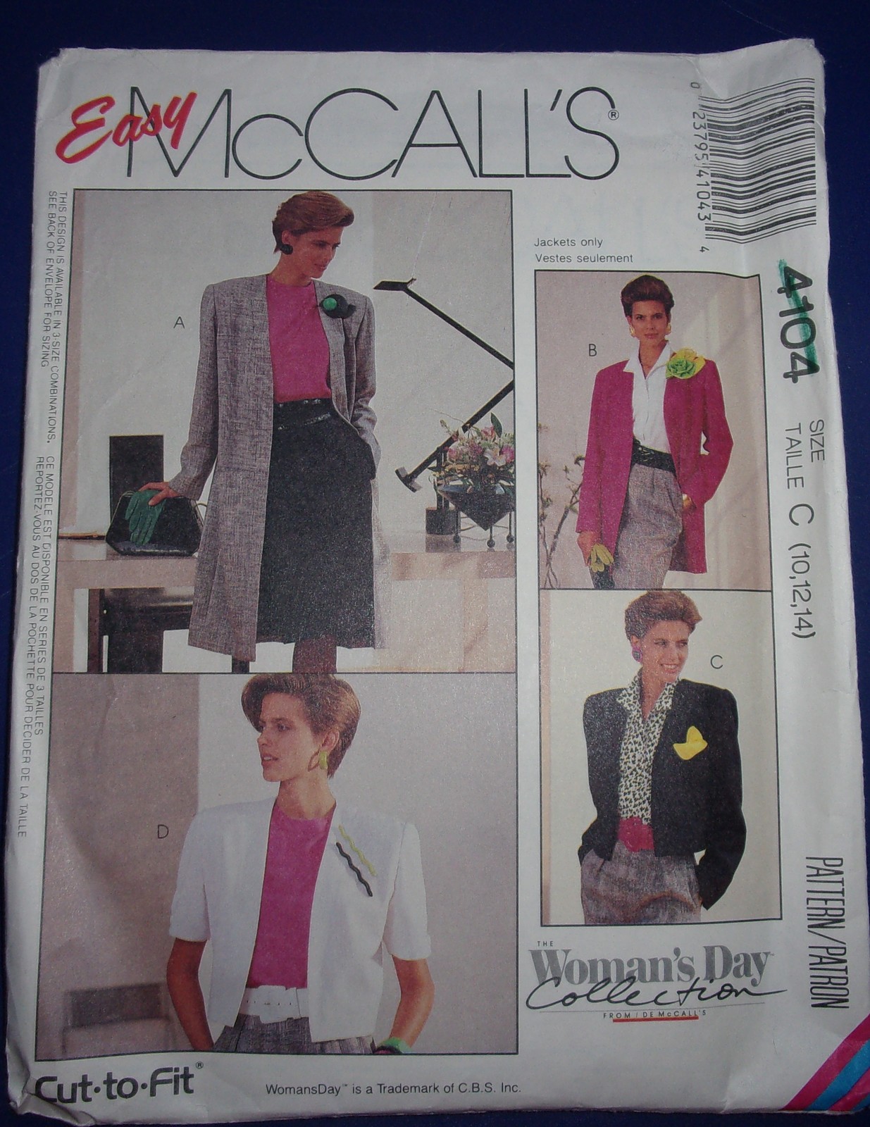McCall’s Misses’ Unlined Coat Or Jacket Size 10-14 #4104  - $5.99