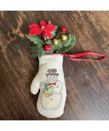 Vintage Cross Stitch Snowman Mitten W/Greenery Decor Ornaments Cottage Core - $12.00