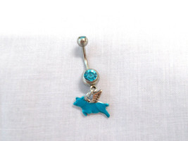 Flying Pig W Blue Enamel Body &amp; Silver Wings Charm 14g Turquoise Cz Belly Ring - £5.62 GBP