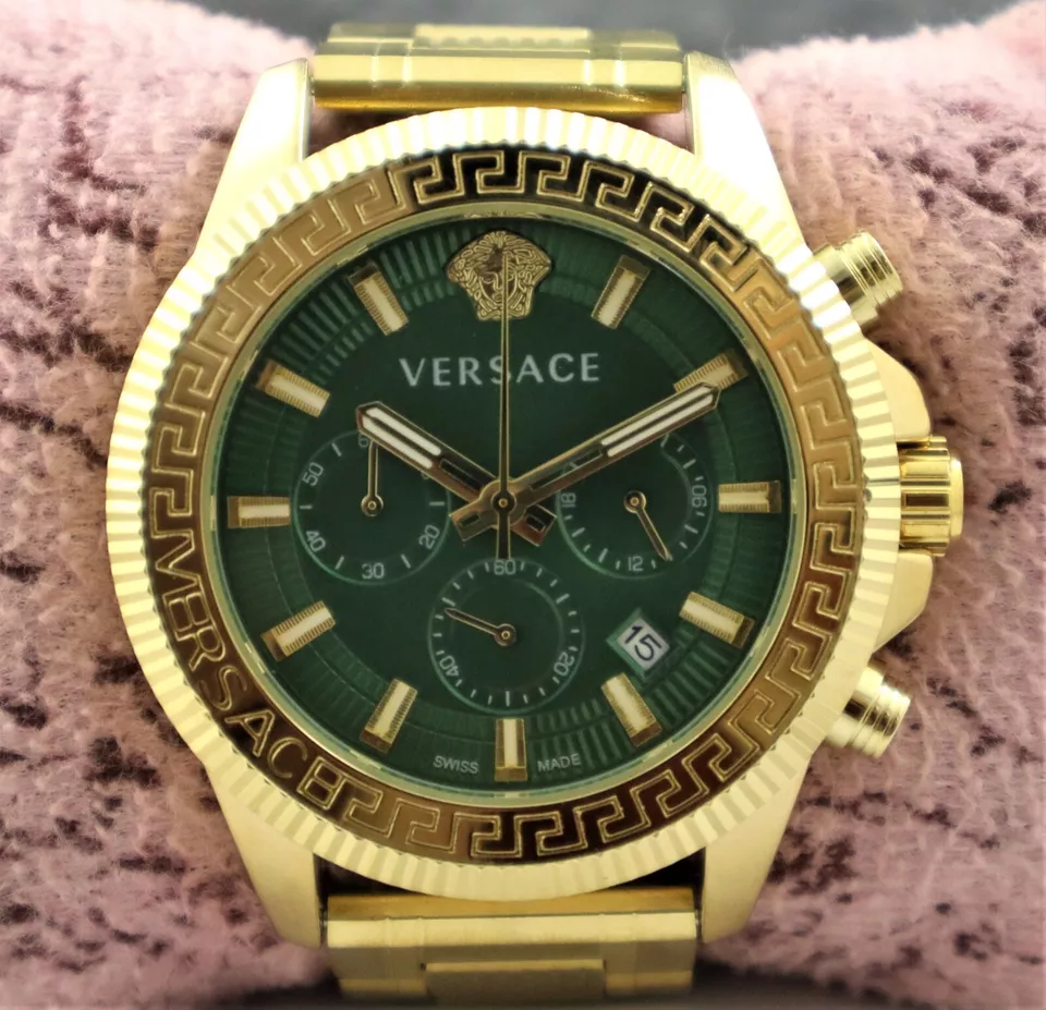 Casual VERSACE Men Chronograph Green Dial with Date GP Case/Band Wristwatch - $89.99