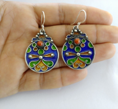 Kabyle Earrings Silver Coral Red Berber Jewelry Enamel Fashion Women Handcrafted - £46.70 GBP