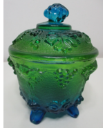 Vintage Candy Dish Carnival glass Blue Green footed with lid depression ... - $31.19