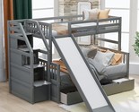 With Stairs And Slide, Multifunction Wood Bunk Bed With Storage, Grey - £910.78 GBP
