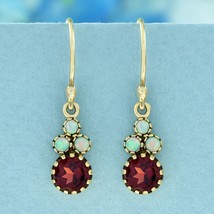 Natural Garnet and Opal Vintage Style Dangle Earrings in 9K Yellow Gold - £431.58 GBP