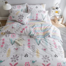 Floral Bird Print Pattern Girls Boys Duvet Covers Queen White Premium Cotton Nat - £80.18 GBP