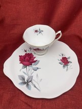 Royal Albert SWEET ROMANCE Snack Set Plate &amp; Cup England Red Roses Gray ... - $31.30