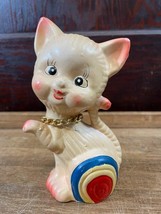 Vintage Whimsical Pink Cat Kitty Bank Sitting Cat Paw Up Rainbow Cat Bank  - £15.12 GBP