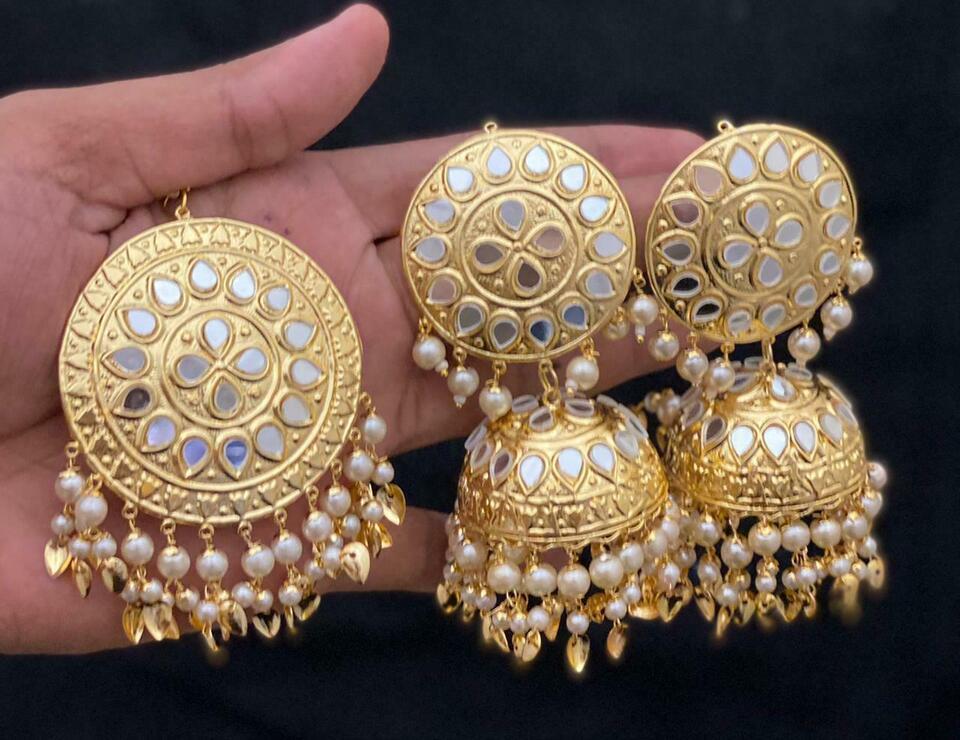 Mirror Rajasthani Jaipuri Gold Plated Tikka Earrings Jewelry Set Bridal Creame - $32.42