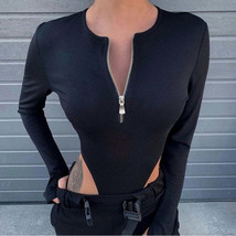 Women High Cut Short Sleeve Long Sleeve Solid Front Zip Fitted Skinny Bo... - $15.00+