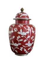 Vintage Chinese White Flowers on Red Brick Cloisonne Lidded Jar - $494.01