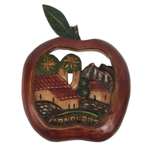 Honduras Village Scene Wood Carved Plaque Apple Shaped Handcrafted Folk Art 9.5&quot; - $39.95