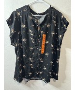 Buffalo By David Button Crinkle Black Floral Short Sleeve Blouse Shirt S... - €19,31 EUR