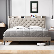 Idealhouse Queen Upholstered Bed Frame In Beige With Optional Box Spring; - £190.03 GBP
