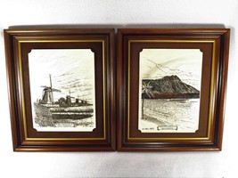 Lot of 2 John Wills Studio Cultured Marble Plaques Waikiki Amsterdam Wood Frame - £15.40 GBP