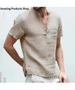Linen and Cotton T-Shirt Man Summer T-shirt Short-Sleeved T-shirt Casual... - $26.00