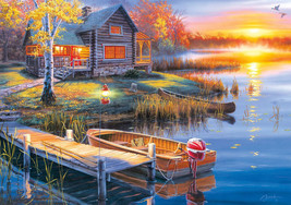 Framed Canvas Art Print Painting Country Log Cabin Sunrise Sunset Lake Autumn - £31.81 GBP+