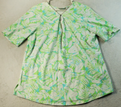 Belle Kim Gravel Blouse Top Womens Large Green White Palm Leaf Knit Slit 1/2 Zip - £11.72 GBP