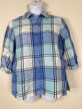 JM Collection Womens Size 14P Blue Plaid Linen Button Up Shirt 3/4 Sleeve - $11.93