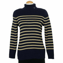 RALPH LAUREN Navy Blue Gold Metallic Stripe Cotton Blend Logo Ribbed Swe... - $49.99