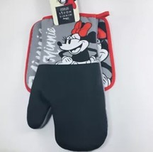 Disney Minnie Mouse Oven Mitt and Pot Holder Set Grey Red Black Kitchen NWT - £7.93 GBP