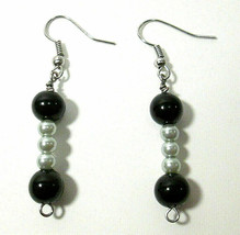 Estate Find Artisan Dangle Drop Earrings Black and Silver Faux Pearl Gla... - $14.50