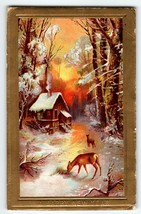 Happy New Year Postcard Deer Cabin Woods Rustic Vintage Greetings 1910 Embossed - £12.31 GBP