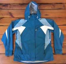 Lands End Teal Nylon Breathable Rain Jacket Removable Hood L 14-16 46&quot; C... - £23.88 GBP