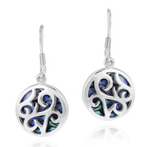 Vintage Lace Filigree Swirl Abalone Round .925 Silver Dangle Earrings - £17.71 GBP