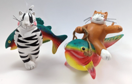 Tabby Cat with Fish Colorful Novelty set of 2 Large Christmas Ornaments - £15.98 GBP